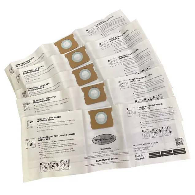 Order a Titan vacuum cleaner bags 5 pack, suitable for use with 15 litre, 20 litre, 30 litre and 40 litre vacuums.

These are brand new compatible Non OEM bags that help your vacuum perform to the top of its capabilities to remove dirt and debris in an easily disposable bag.